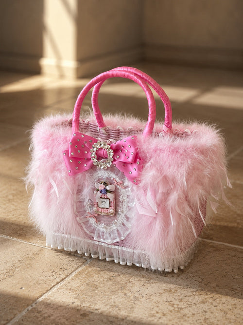 Luxury Pink Feather Pet Carrier Bag with Bow & Crystal Charm – Designer Dog Tote for Small Dogs Cats