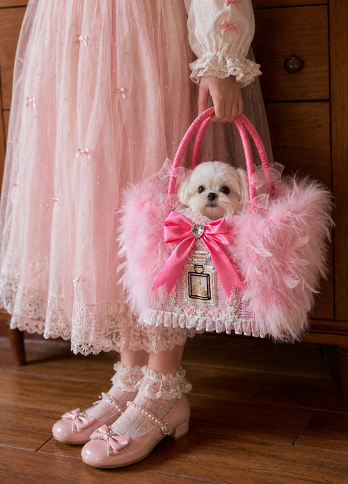 Luxury Pink Feather Pet Carrier Bag with Bow & Crystal Charm – Designer Dog Tote for Small Dogs Cats