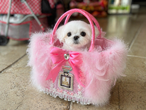 Luxury Pink Feather Pet Carrier Bag with Bow & Crystal Charm – Designer Dog Tote for Small Dogs Cats
