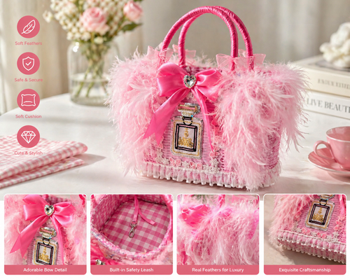 Luxury Pink Feather Pet Carrier Bag with Bow & Crystal Charm – Designer Dog Tote for Small Dogs Cats