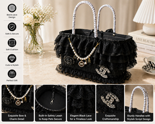 Luxury Black Lace Dog Carrier Bag with Pearl Charm – Elegant Small Dog Tote Bag with Safety Leash