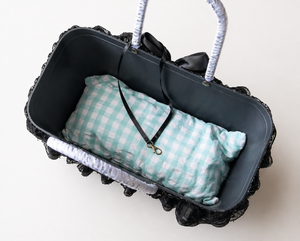 Luxury Black Lace Dog Carrier Bag with Pearl Charm – Elegant Small Dog Tote Bag with Safety Leash
