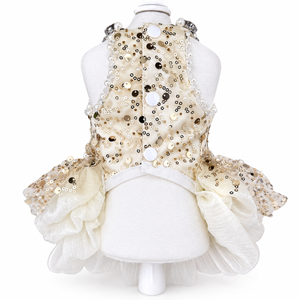 Luxury Dog Dress Gold Sequin Princess Dress – Elegant Puppy Wedding Outfit with Pearl Detail