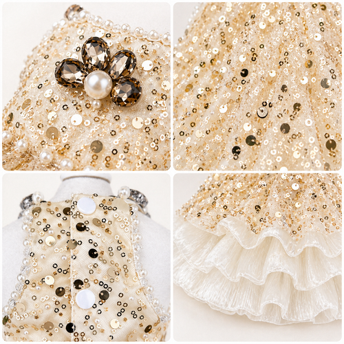 Luxury Dog Dress Gold Sequin Princess Dress – Elegant Puppy Wedding Outfit with Pearl Detail
