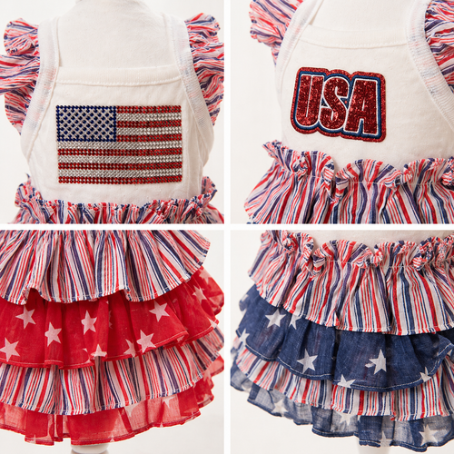 Patriotic Dog Dress USA Flag Ruffle Dress – Red White Blue Puppy Outfit for 4th of July