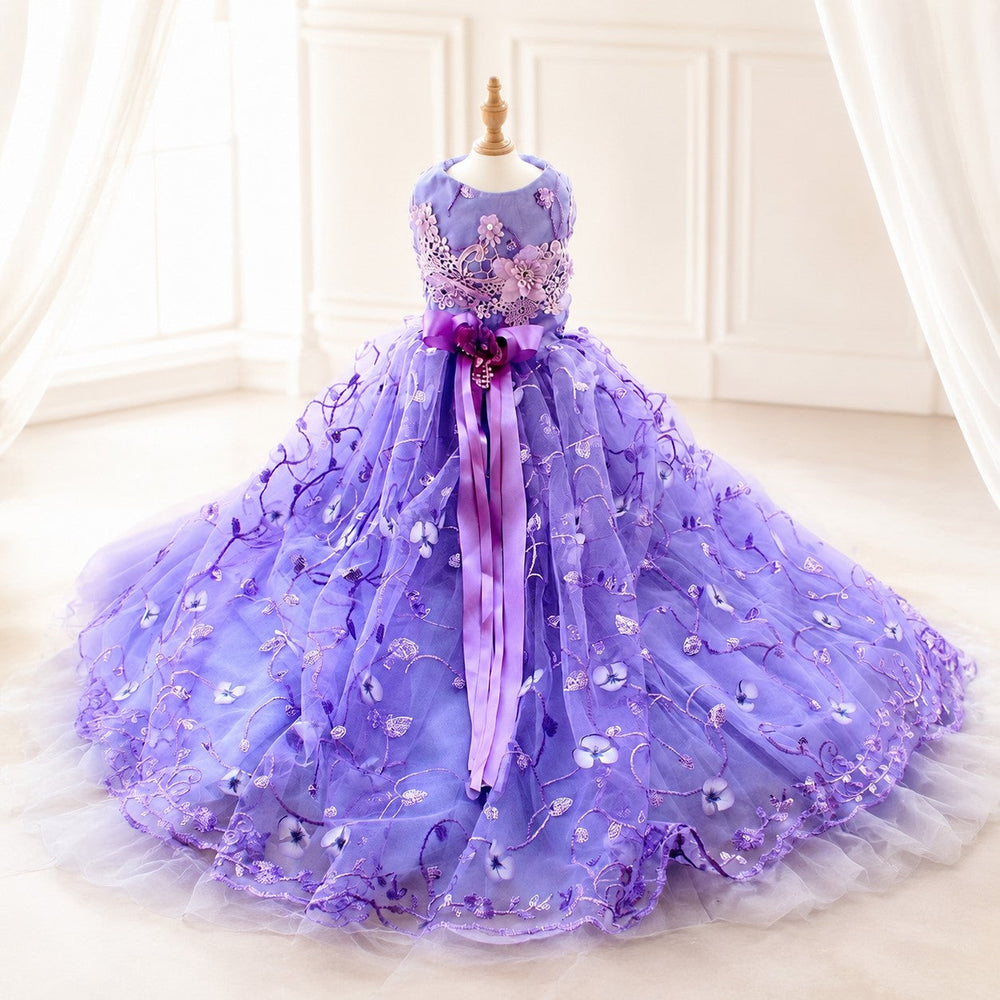 Luxury Purple Princess Dog Dress Floral Lace Tulle Wedding Gown for Small Dogs