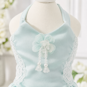 Handmade Mint Blue Princess Dog Dress with Lace Bow and Pearl Details