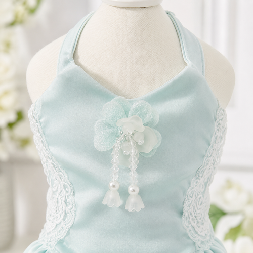 Handmade Mint Blue Princess Dog Dress with Lace Bow and Pearl Details