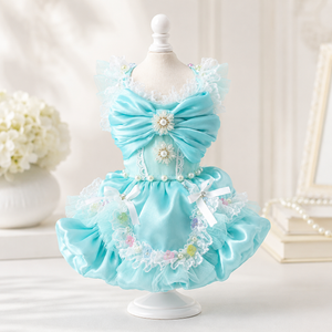Handmade Aqua Blue Princess Dog Dress with Lace, Bow & Pearl Details