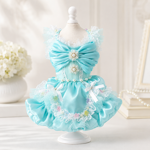 Handmade Aqua Blue Princess Dog Dress with Lace, Bow & Pearl Details