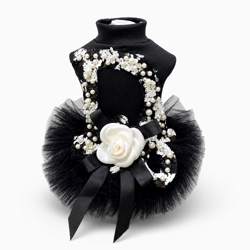 Luxury Black Pearl Dog Dress Elegant Tulle Pet Dress Tutu with Flower Accent