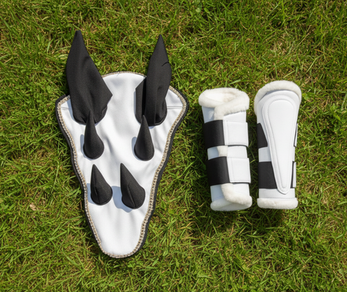 Sparkling White Dragon Saddle Pad, Ear Bonnet & Horse Boot Set