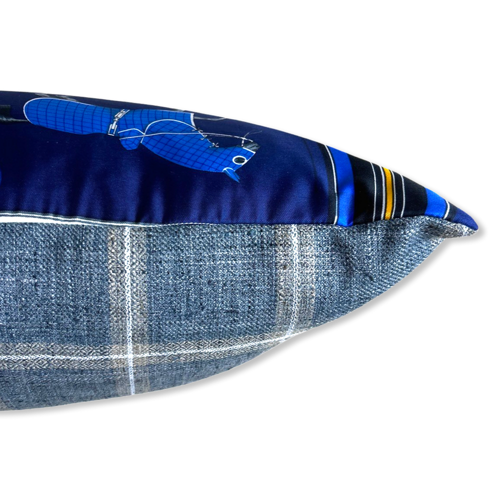 Couvertures et Tenues du Jour Blue Vintage Silk Scarf Lumbar Pillow 35"