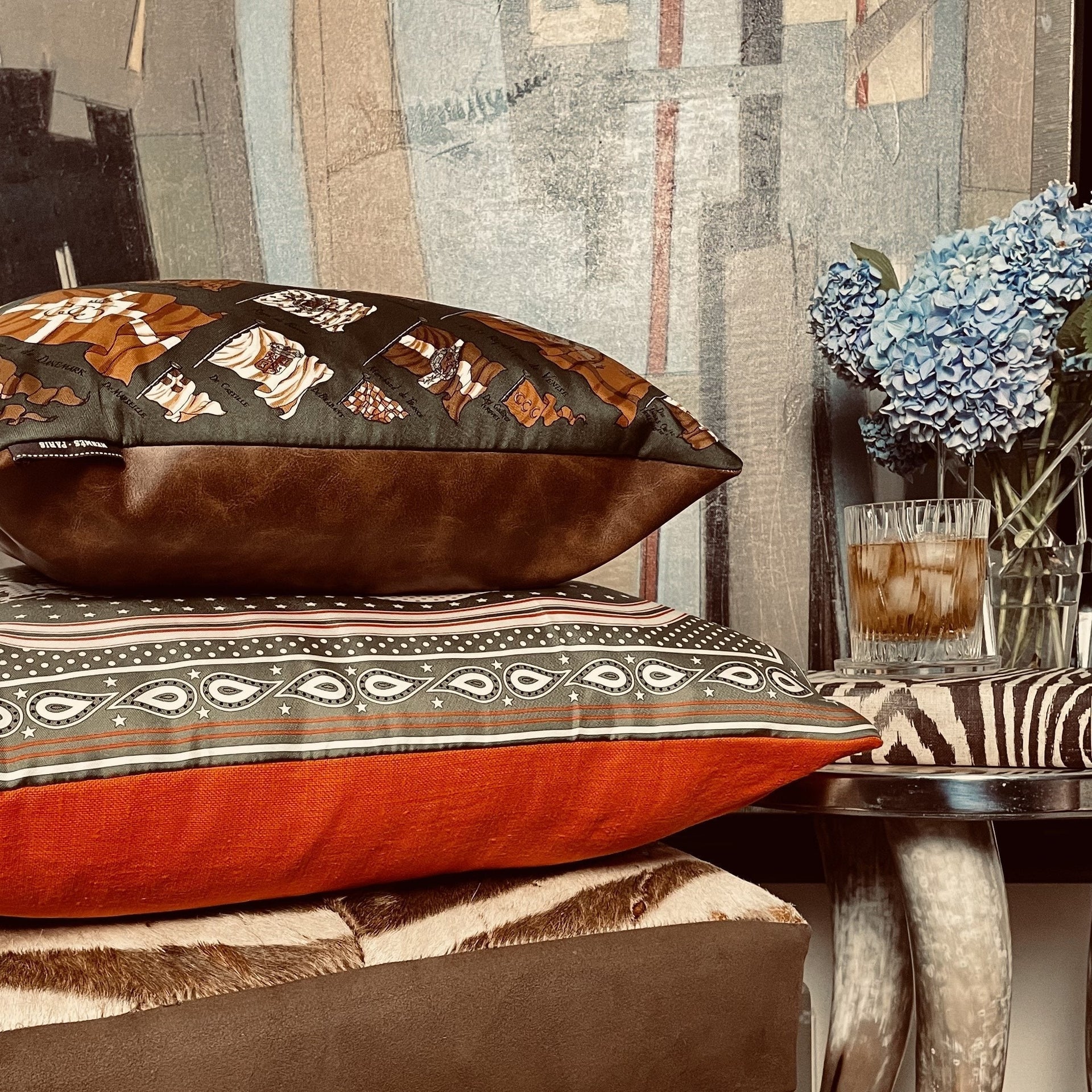Couvertures et Tenues du Jour Ivory Multi Vintage Silk Scarf Lumbar Pillow 35"