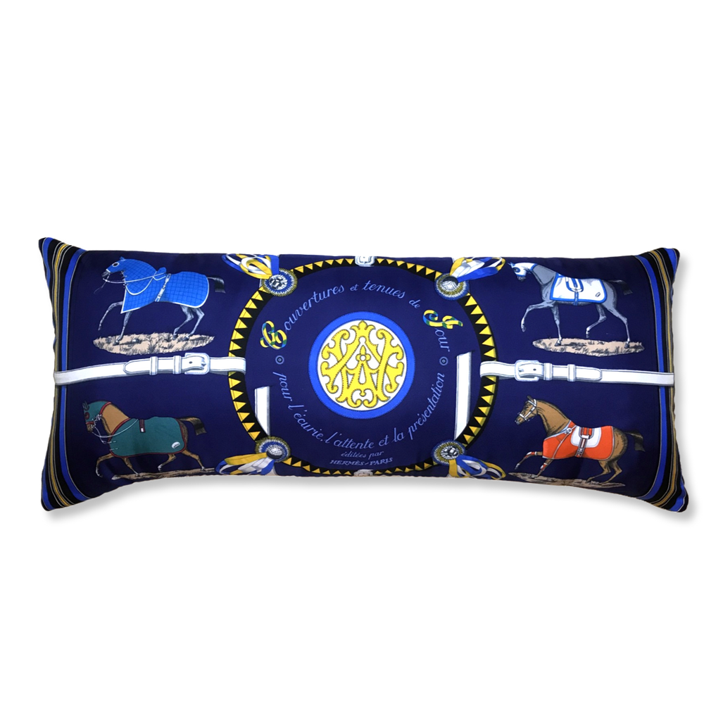 Couvertures et Tenues du Jour Blue Vintage Silk Scarf Lumbar Pillow 35"