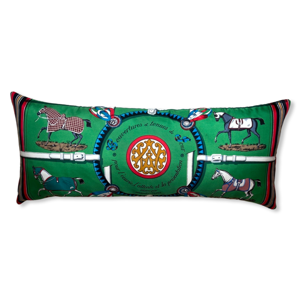 Couvertures et Tenues du Jour Green Vintage Silk Scarf Lumbar Pillow 35"