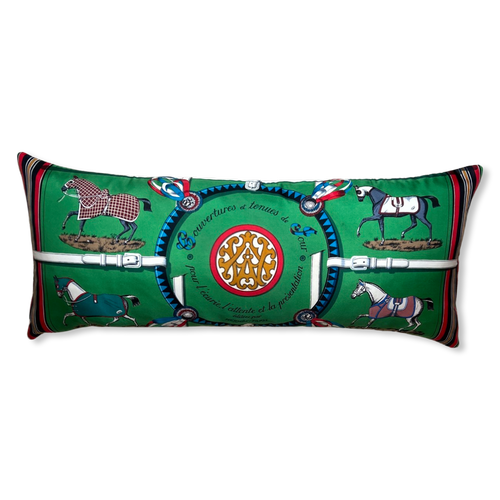 Couvertures et Tenues du Jour Green Vintage Silk Scarf Lumbar Pillow 35"