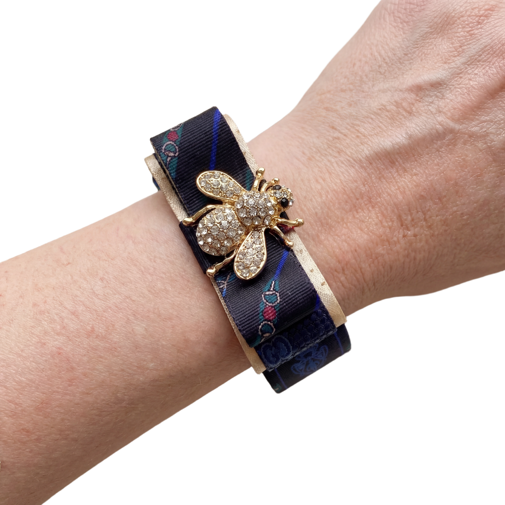 Horsebit Bumblebee Vintage Silk Necktie Cuff Bracelet