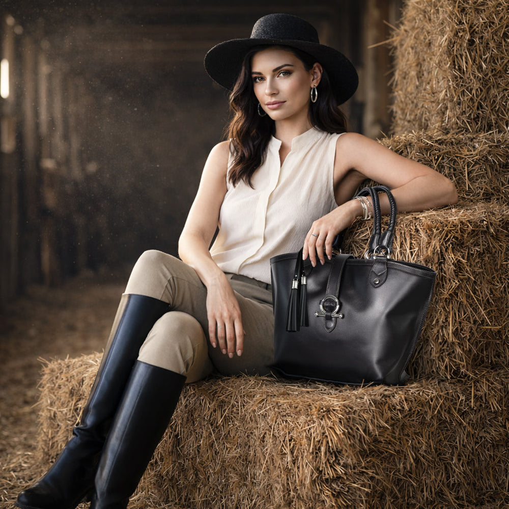 Del Rey -Horse Bit Tote Luxury Leather Handbag in Black