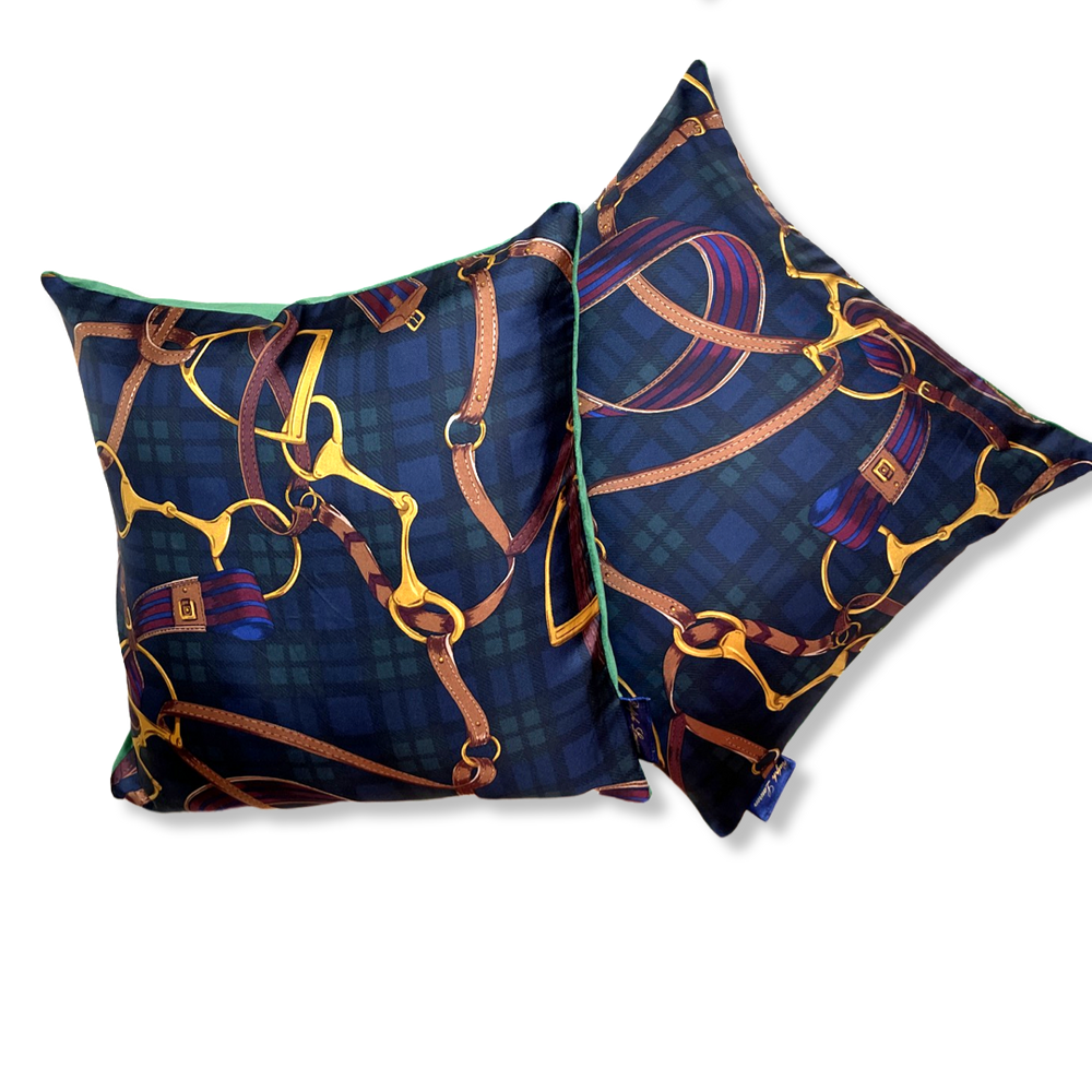 Equestrian Black Watch Tartan Vintage Silk Scarf Pillows 18"