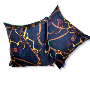 Equestrian Black Watch Tartan Vintage Silk Scarf Pillows 18"