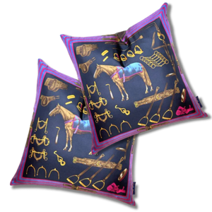 Equestrian Navy Vintage Silk Scarf Pillows 22"