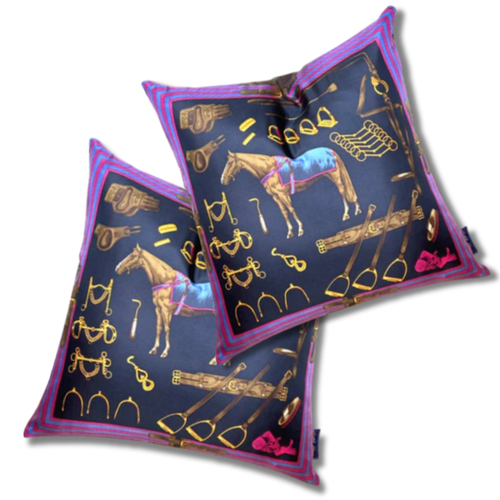 Equestrian Navy Vintage Silk Scarf Pillows 22"
