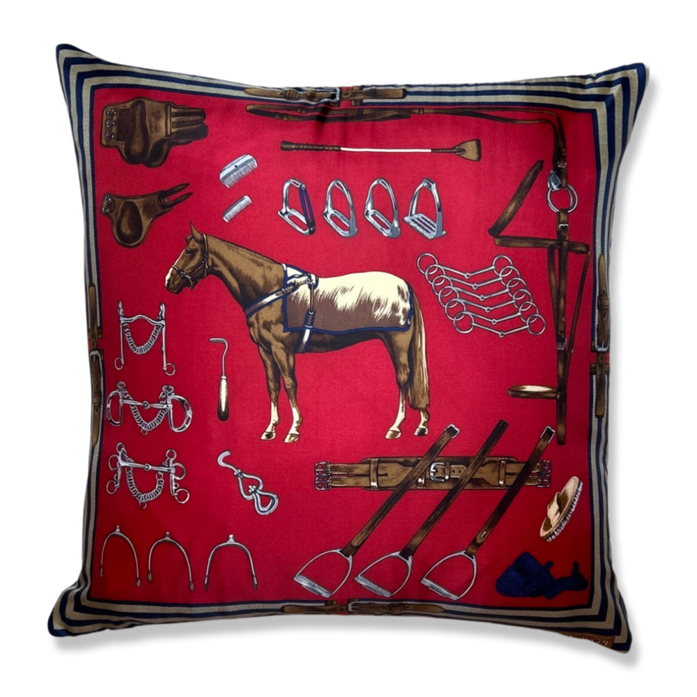 Equestrian Red Vintage Silk Scarf Pillows 22"