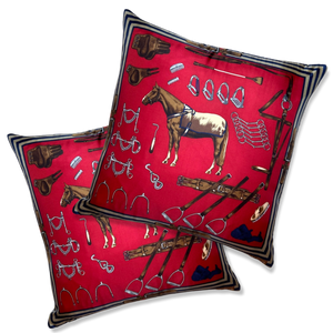 Equestrian Red Vintage Silk Scarf Pillows 22"