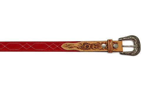 Western Stitch Genuine Suede & Hand Tooled Leather Belt -Red