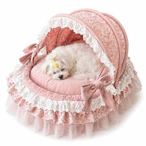 Luxury Princess Canopy Dog Bed Pink Lace Pet Nest with Removable Cushion