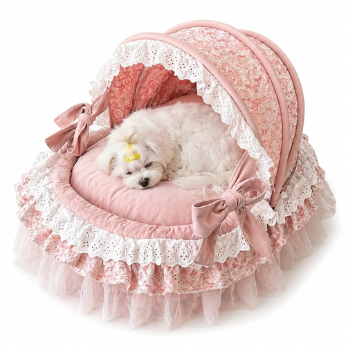 Luxury Princess Canopy Dog Bed Pink Lace Pet Nest with Removable Cushion