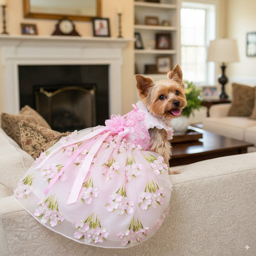 Pink Floral Princess Dog Dress – Luxury Embroidered Puppy Gown with 3D Flowers & Satin Bow