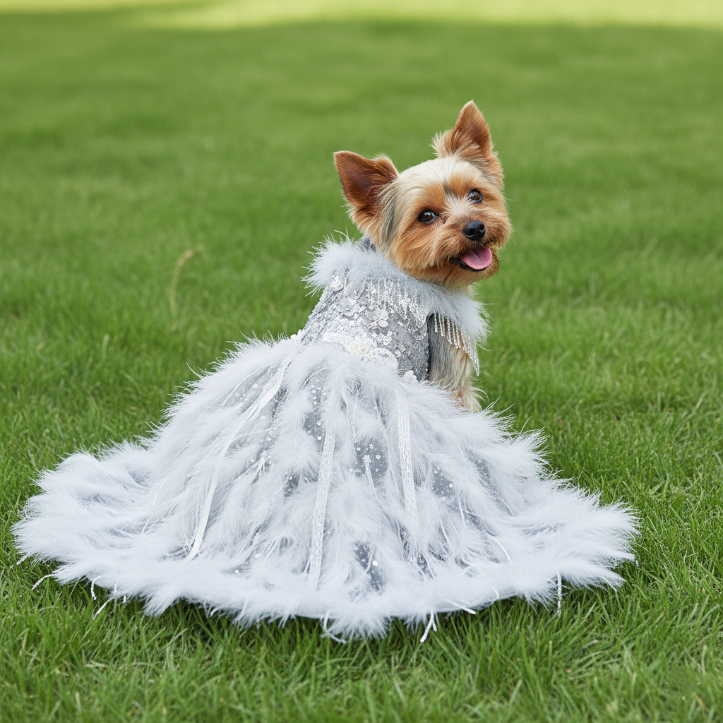 Silver Swan Feather Couture Dog Dress – Luxury Crystal Wedding Gown with Feather Train & Pearl Details