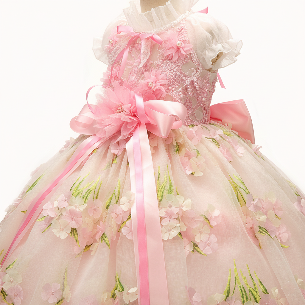Pink Floral Princess Dog Dress – Luxury Embroidered Puppy Gown with 3D Flowers & Satin Bow