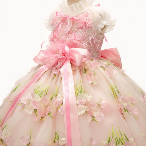 Pink Floral Princess Dog Dress – Luxury Embroidered Puppy Gown with 3D Flowers & Satin Bow
