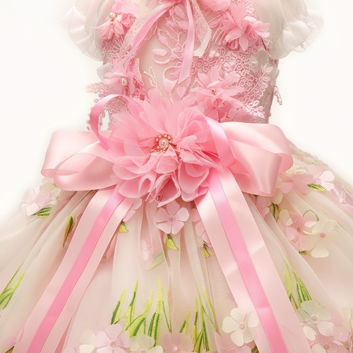 Pink Floral Princess Dog Dress – Luxury Embroidered Puppy Gown with 3D Flowers & Satin Bow