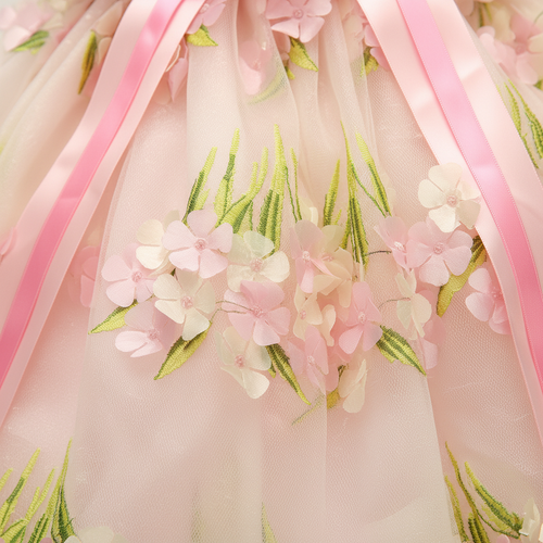 Pink Floral Princess Dog Dress – Luxury Embroidered Puppy Gown with 3D Flowers & Satin Bow