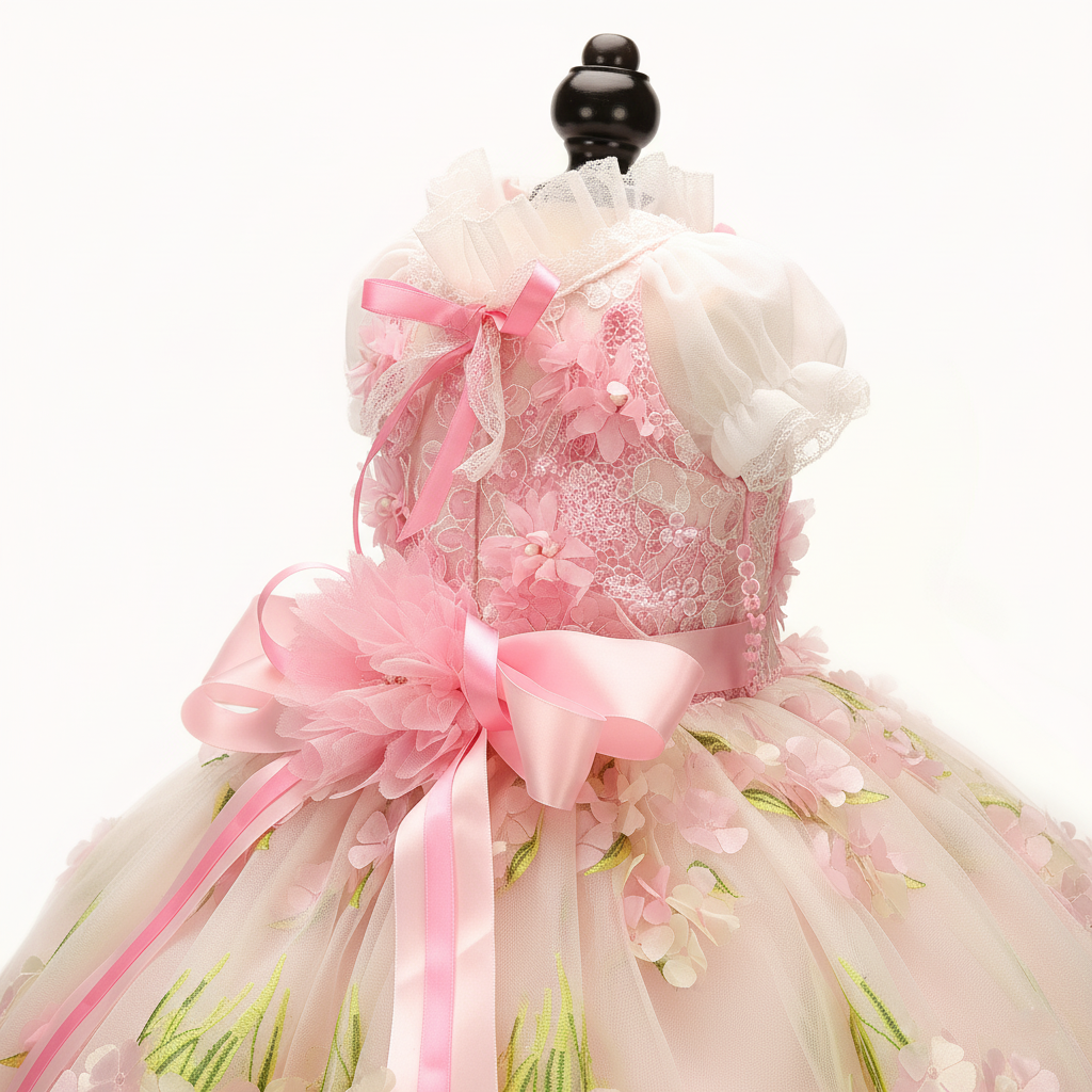 Pink Floral Princess Dog Dress – Luxury Embroidered Puppy Gown with 3D Flowers & Satin Bow