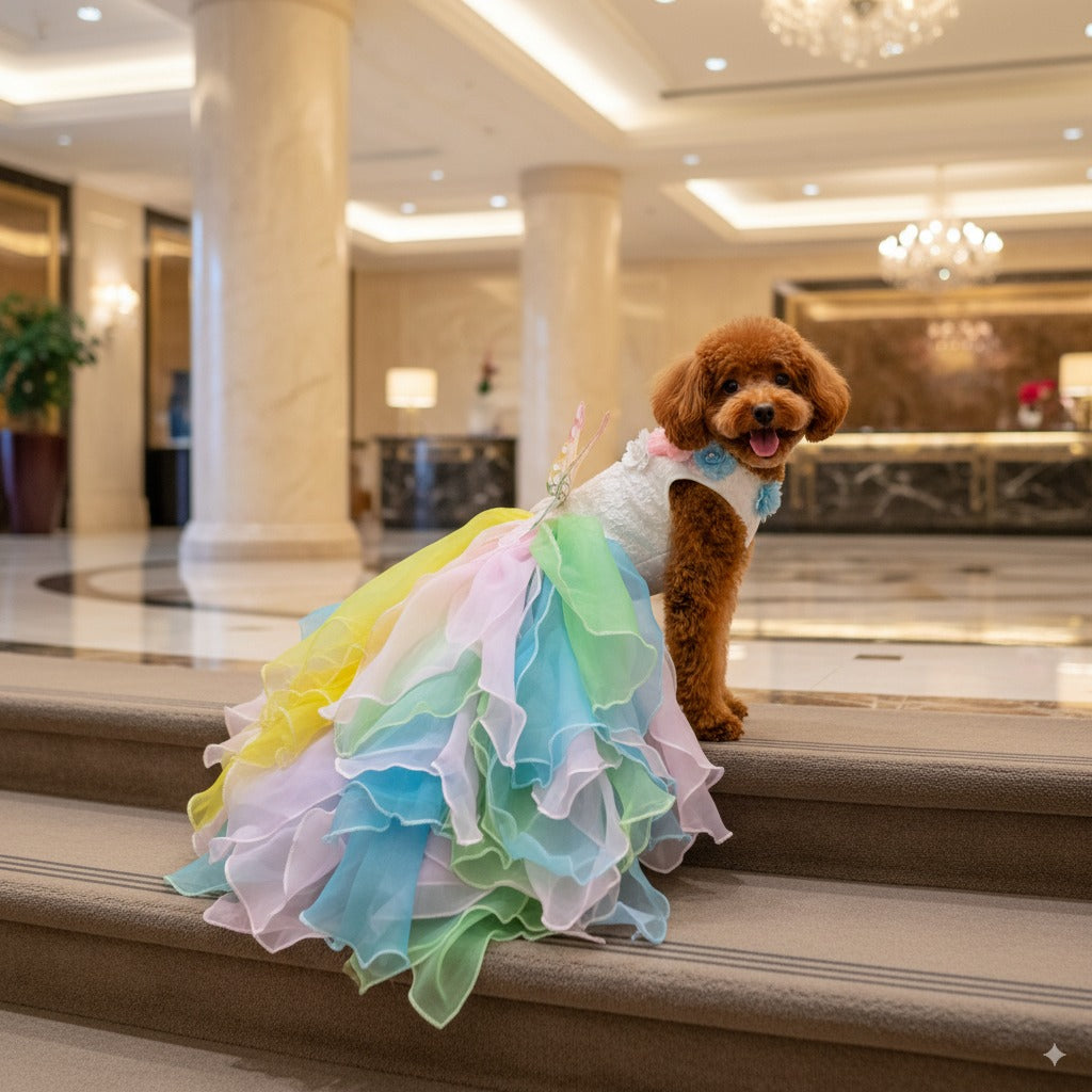 Handmade Pastel Butterfly Fairy Princess Dog Dress – Rainbow Layered Organza Couture Gown for Weddings, Birthdays & Photo Shoots