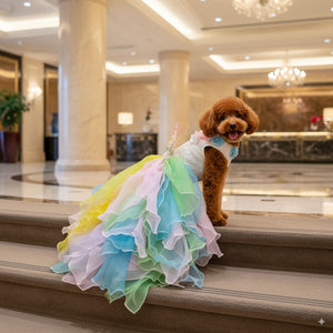 Handmade Pastel Butterfly Fairy Princess Dog Dress – Rainbow Layered Organza Couture Gown for Weddings, Birthdays & Photo Shoots
