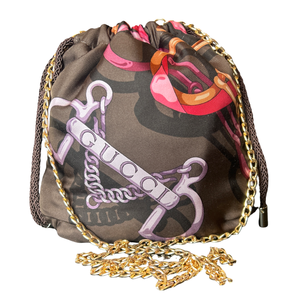 Horsebit Brown Vintage Silk Scarf Drawstring Crossbody Bag
