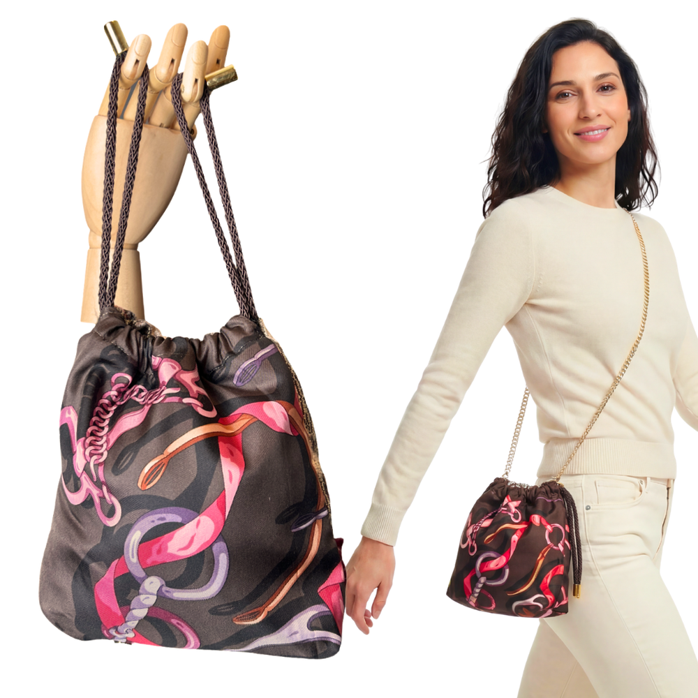 Horsebit Brown Vintage Silk Scarf Drawstring Crossbody Bag