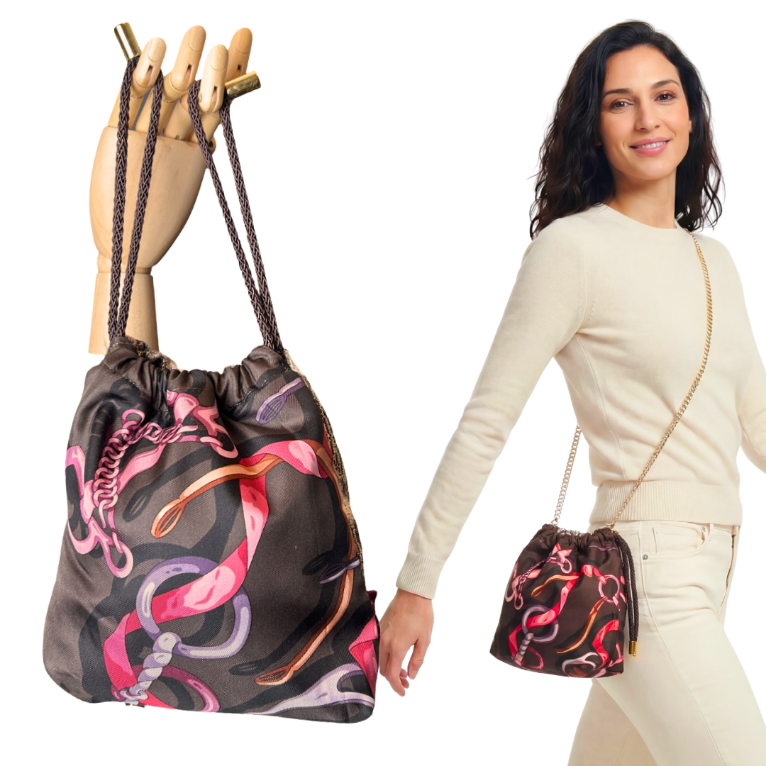 Horsebit Brown Vintage Silk Scarf Drawstring Crossbody Bag