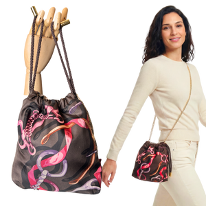 Horsebit Brown Vintage Silk Scarf Drawstring Crossbody Bag