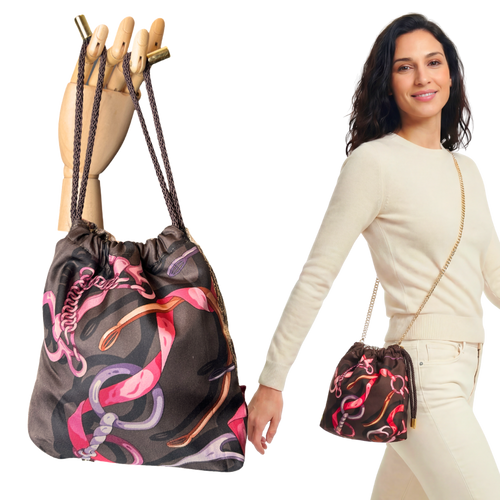 Horsebit Brown Vintage Silk Scarf Drawstring Crossbody Bag