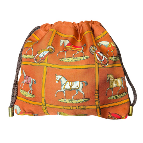 Petits Chevaux Orange Vintage Silk Scarf Drawstring Crossbody Bag