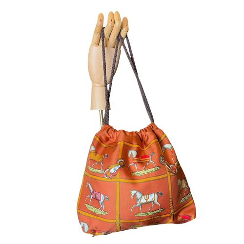 Petits Chevaux Orange Vintage Silk Scarf Drawstring Crossbody Bag