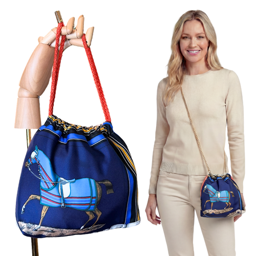 Couvertures et Tenues du Jour Blue Vintage Silk Scarf Drawstring Crossbody Bag