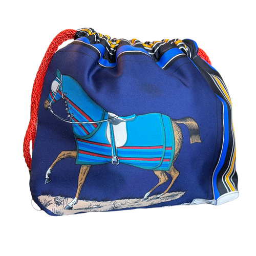 Couvertures et Tenues du Jour Blue Vintage Silk Scarf Drawstring Crossbody Bag